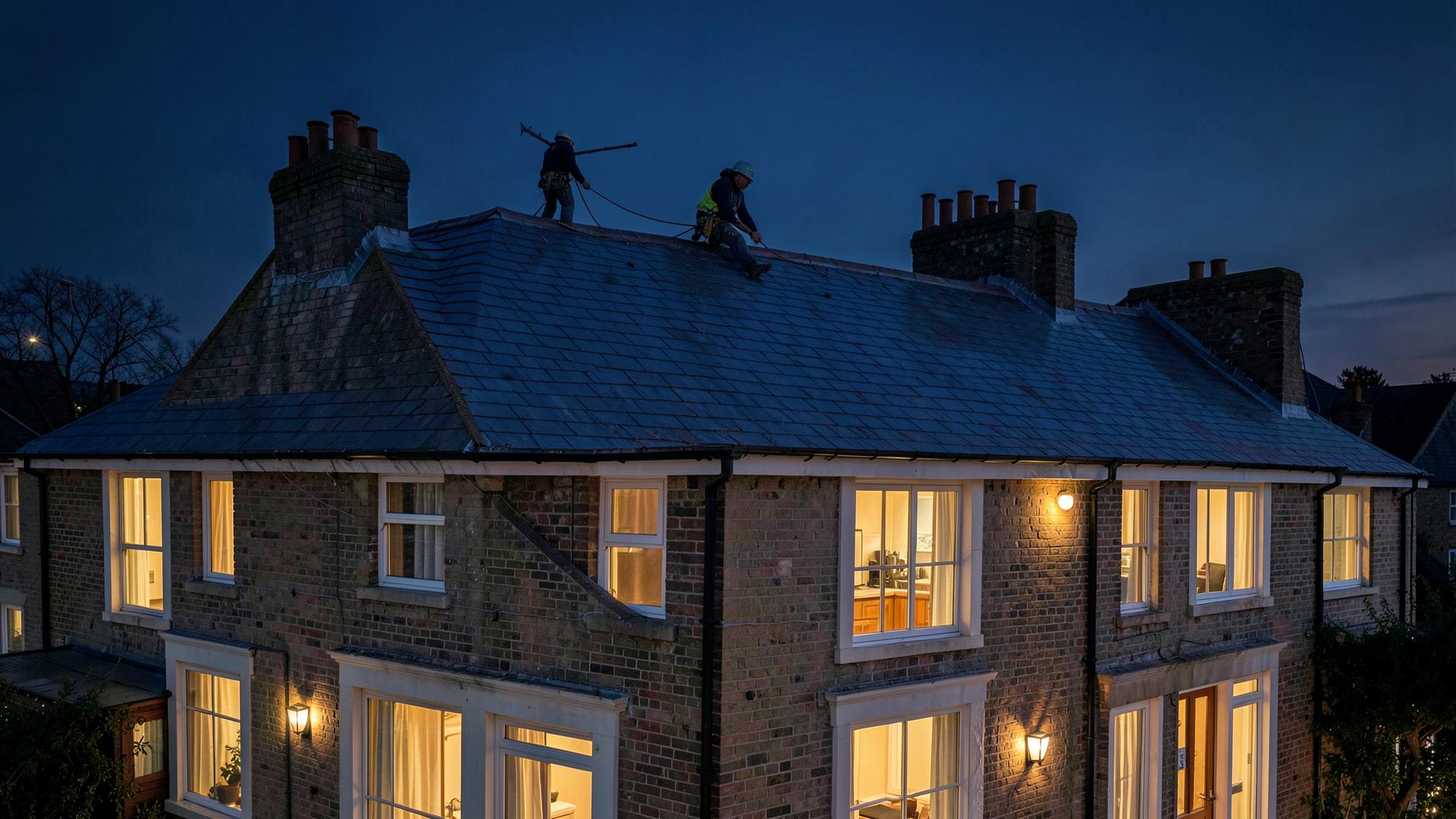 Roofers working on a slate roof at dusk in London